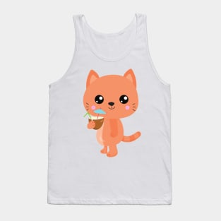 Hawaii Cat, Cute Cat, Orange Cat, Cocktail, Luau Tank Top